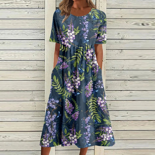 lovwvol Summer Women Dresses 3d Vintage Flowers Print Short Sleeve Clothes Fashion Loose Mid-Length Skirt Lady Oversized Vacation Dress