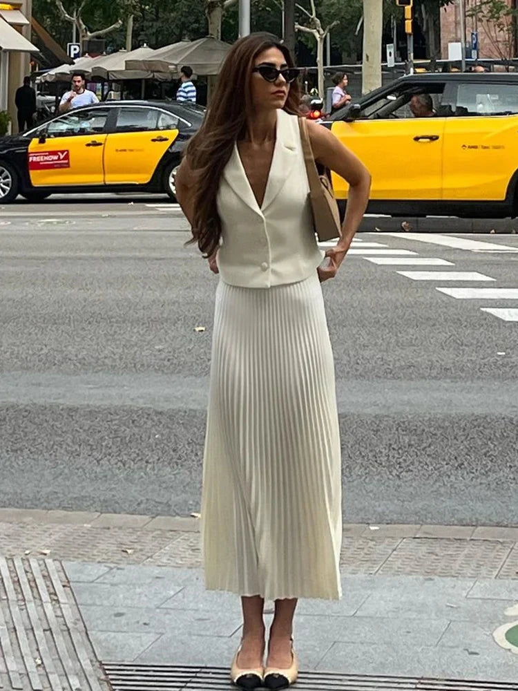 lovwvol - Folds Long Skirt Two Pieces Set Women's Notched Sleeveless Short Vest Top High Waist Solid Maxi Skirt Fashion Sets 2024