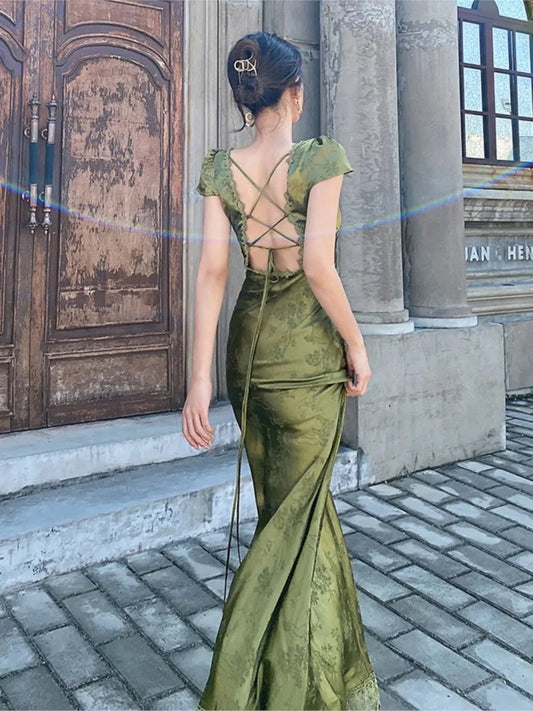 lovwvol Elegant Women Green Satin Backless Mixi Dress Palace Short Sleeve Lace V-Neck Bandage Vintage Bodycon Dress Robe Summer