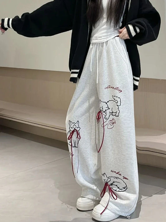 lovwvol  -  Preppy Style Cartoon Cat Print Femme Vintage Wide Leg Pants for Women Causal Y2k Aesthetic Bow Trousers Harajuku Loose Bottoms