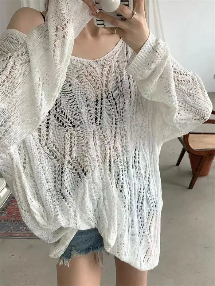 lovwvol White Knitted Sweaters Women Summer Oversized Sexys Mujer Hollow Out Crochet Top Long Sleeve Sunscreen Korean Fashion