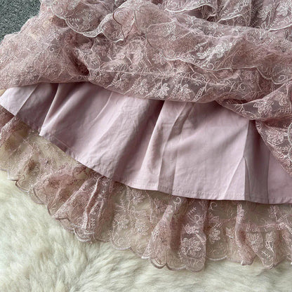 lovwvol New Summer Pink Lace Embroidery Mini Dress Female Short Sleeve High Waist Ruffles Elegant Runway Cascading Vestidos