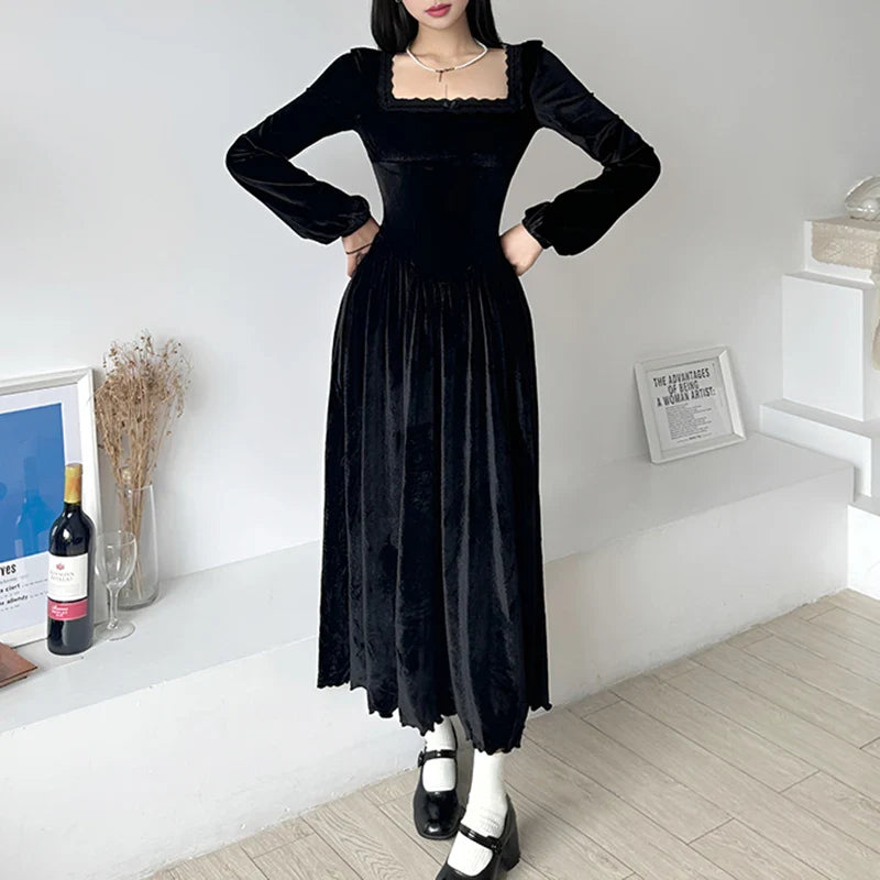 lovwvol Square Neck Lace Trim Black Velour Autumn Dress A-Line Korean Fashion Fold Corset Long Dress Elegant Party Birthday