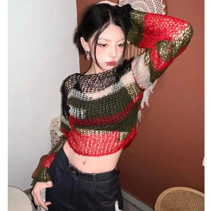 lovwvol  -  American Retro Hollow Out  Knitted Pullover Tops Long Sleeve Spring Sweater Women Backless Ladies Jumpers Chic Y2k