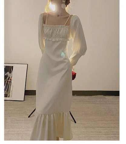 lovwvol Summer New Style Retro Sweet one-shoulder Square Neck Puff Sleeve Trumpet Dress Women Sexy Folds White Vintage Wedding Dresses