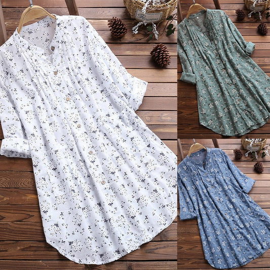 New Women Loose Long Sleeve Tunic Tops Casual Cotton Blouses Shirts Summer Autumn Elegant Floral Blouse Blusas Plus Size 5XL