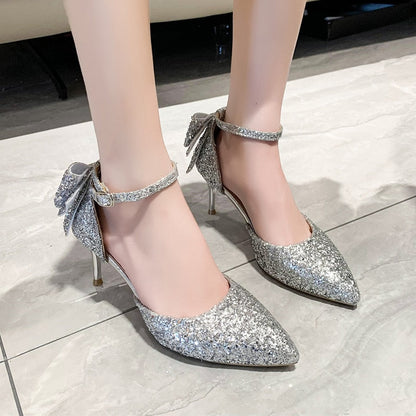 Luxury Silver Sequin High Heels Wedding Shoes Women 2023 Autumn Crystal Bowtie Ankle Straps Bridal Shoes Woman Thin Heeled Pumps