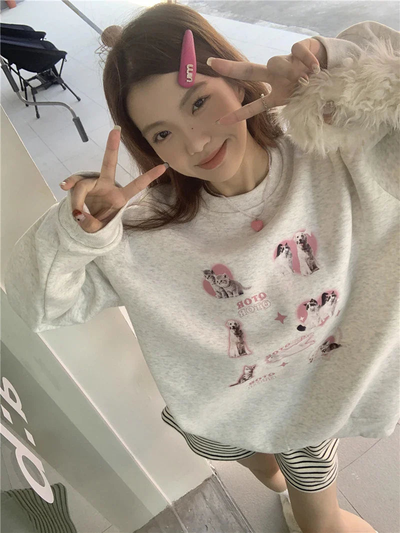 Cute Hoodies Women Letter Dog Print Sudaderas Mujer O-neck Sweatshirt Harajuku Streetwear Y2k Pullover Moletom Feminino