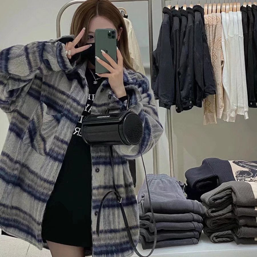 Autumn And Winter Fluffy Plaid Oversized Shirt Vintage Casual Long-Sleeved Lapel Chic Blouse Woman Street Harajuku Tops Button