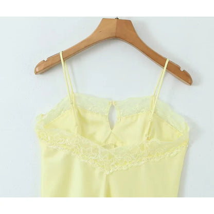 lovwvol Romantic Women Lace Trim Yellow Spaghetti Strap Sexy Dresses Chic Backless Female Club Party Mini Dress Satin Robe