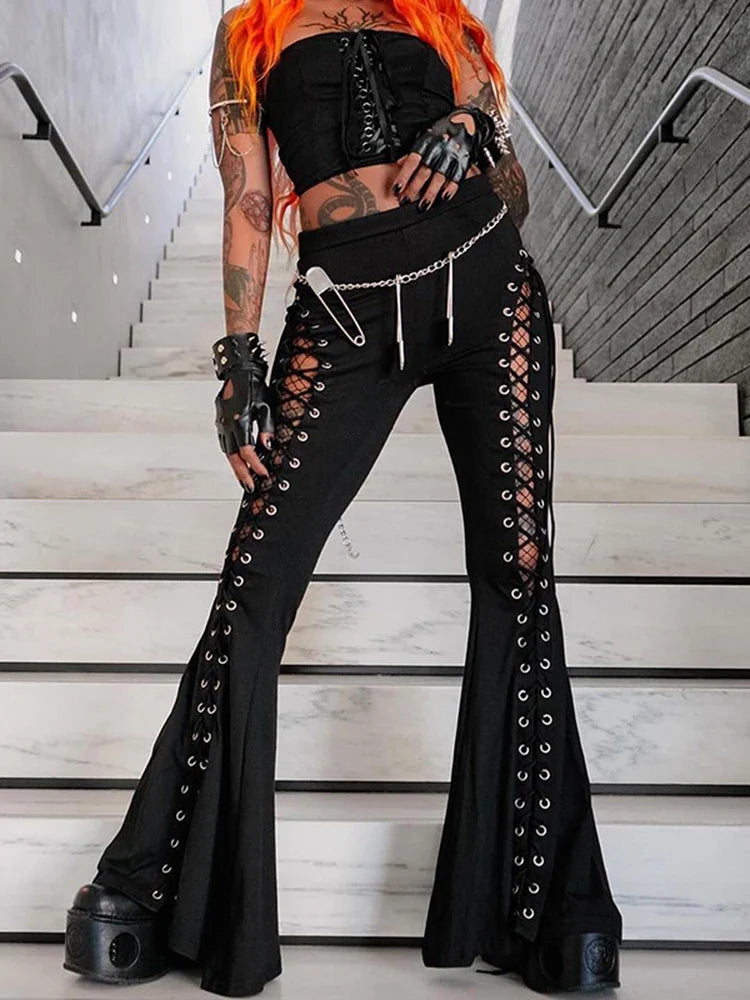 lovwvol Women's gothic pants Spring 2024 new dark wind Street fashion trend cock-eye tie design flared pants women