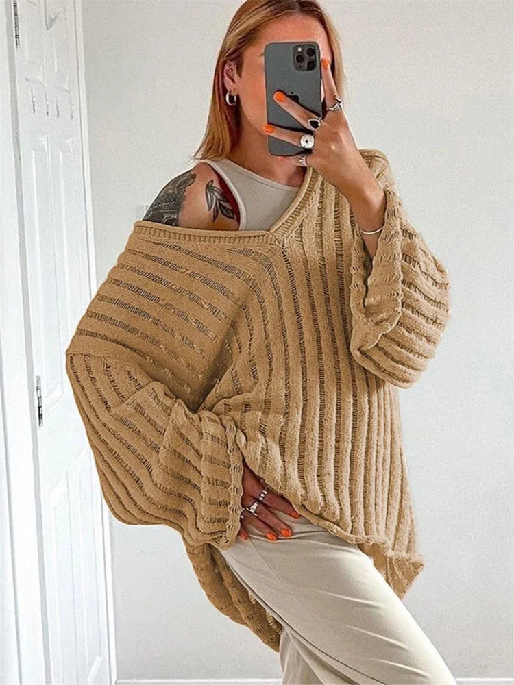 V-Neck Oversized Women's Sweater Long Sleeve Hollow Out Striped Knit Tops Winter Trend Casual Loose Pullover Sweaters