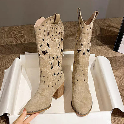 Hollow Embroidered Vintage Western Boots Women  Autumn Chunky Heels Knee High Cowboy Boots Woman Pu Leather Knight Booties