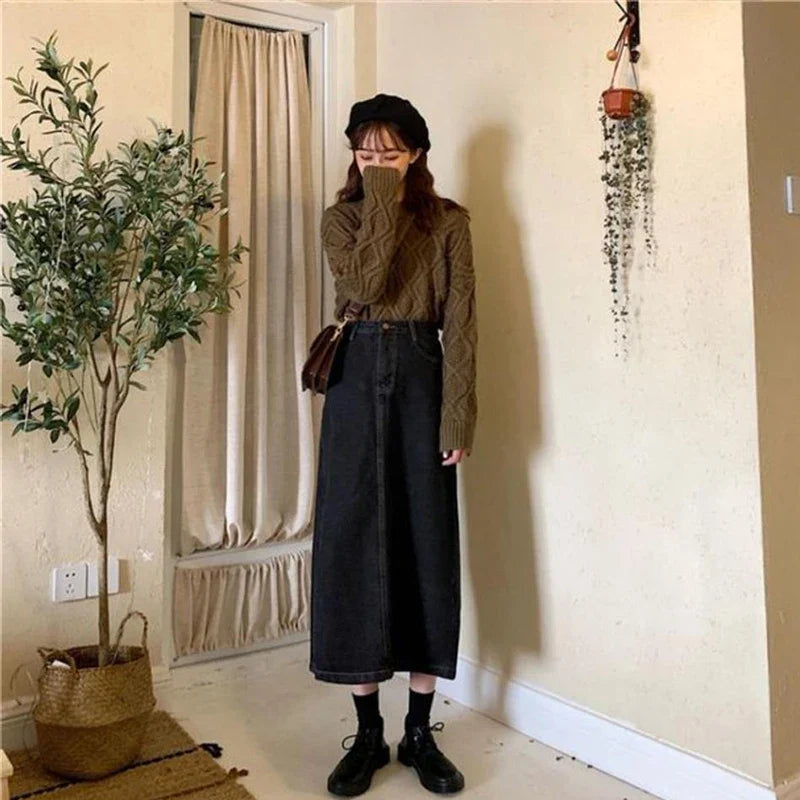 lovwvol  Korean Chic Denim Midi Skirt Women 2022 Spring High Waist Simple Medium-long Skirts Vintage All-match Streetwear Skirt