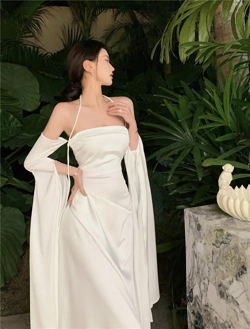 lovwvol Women Summer Elegant Satin Silky Off Shoulder White Cocktail Dress wedding dress Party Maxi Dress