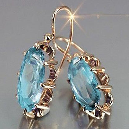 Luxury Oval Sea Blue Zircon Stones Earrings Classic Fashion Gold Color Metal Hollow Bridal Wedding Dangle Earrings for Women