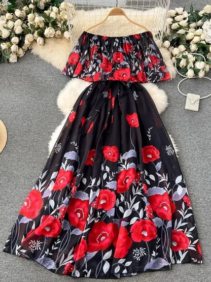 Summer Gorgeous Flower Chiffon Holiday Dress Women's Sexy Off The Shoulder Flower Print Elastic Waist Pleated Maxi Robe