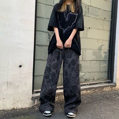 lovwvol Summer Thin Retro Corduroy Pants Women Harajuku Printed Baggy Wide Leg Trousers Teen High Street Unisex Hip Hop Pants