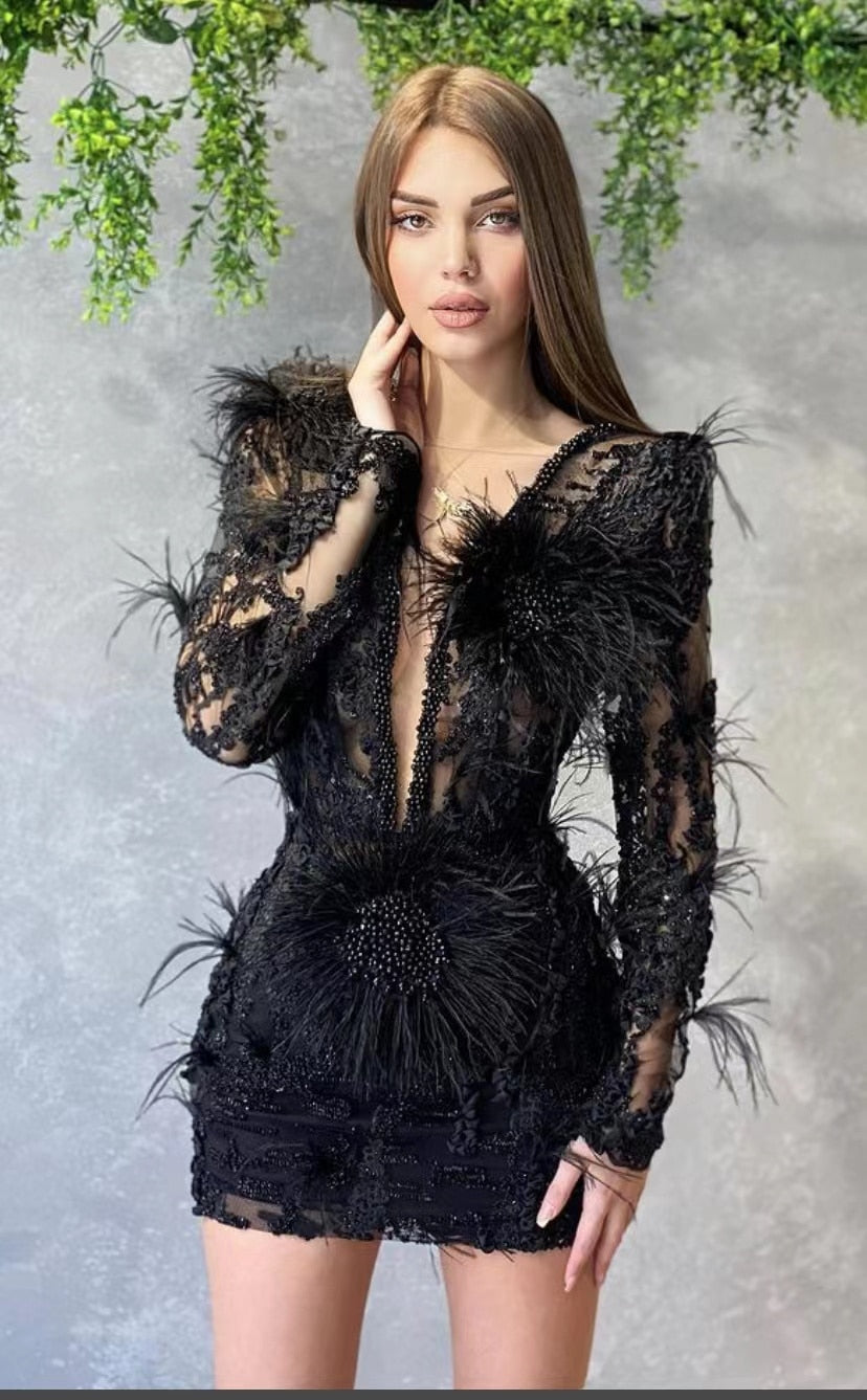 Luxury Feather Dress High Quality Sequins Mini Black Dress Sexy V Neck Long Sleeves Vintage Vestios Celebrity Night Club Wear