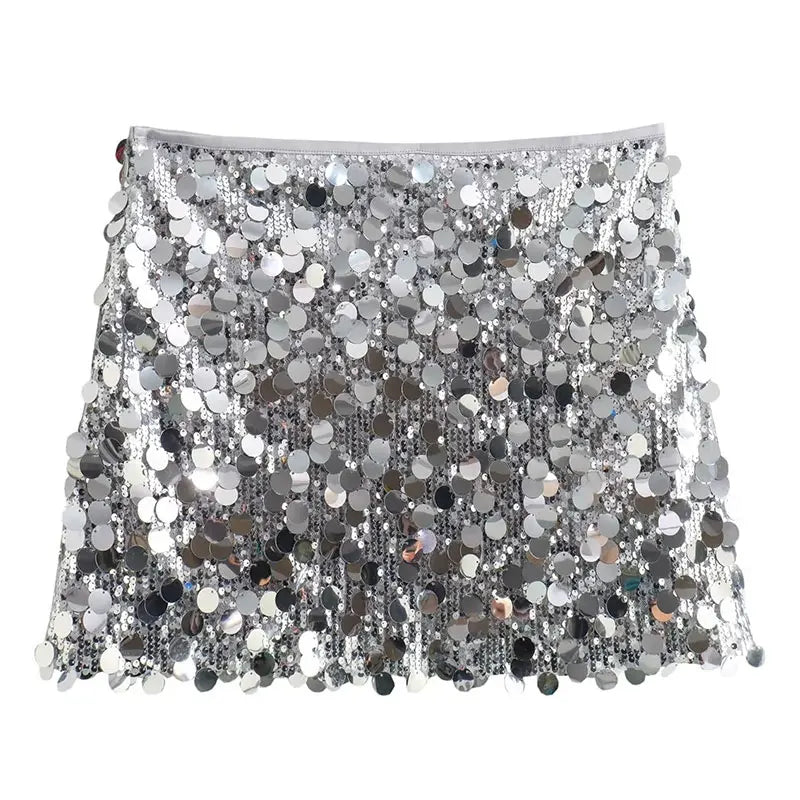 Summer Female Sequined Solid Mini Skirts Y2k Shinning Sexy Streetwear Slim Fit High Waist Chic Women's Vintage Skirts