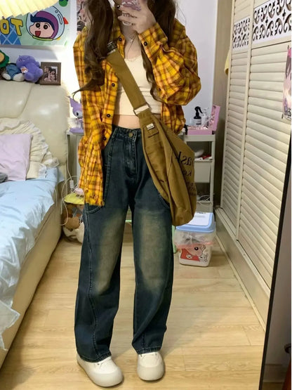 lovwvol Y2K Autumn/Winter Shirt Coat Yellow Plaid Pattern all Matching Simple Fashion Coat Slim Coat Women's Top Trend Millennial Coat