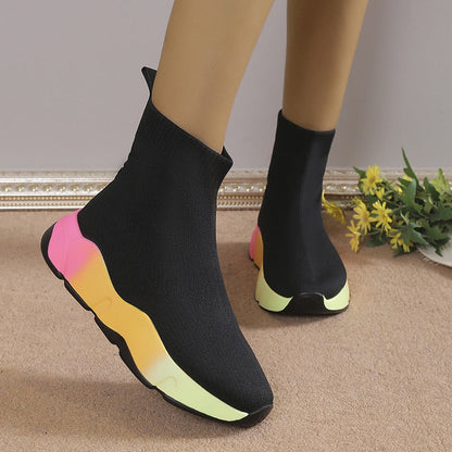 Breathable Knitted Stretch Sock Boots Women 2023 Autumn Rainbow Color Thick Bottom Ankle Boots Woman Plus Size 43 Sock Shoes