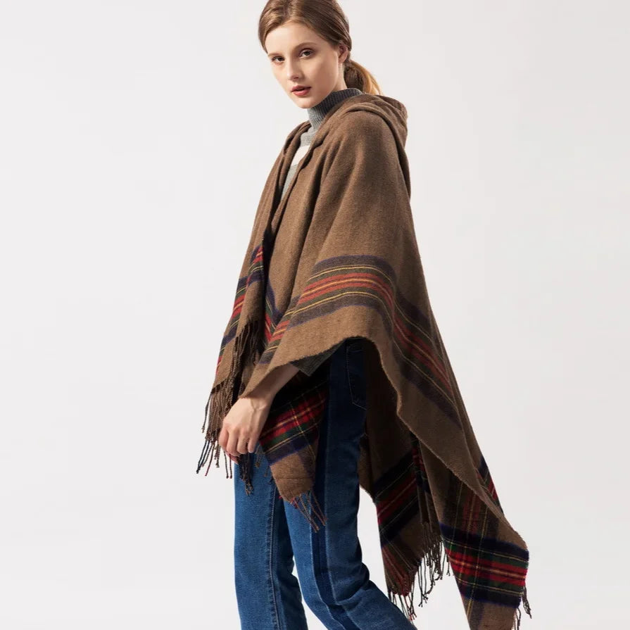 lovwvol Fringed Stripe Jacquard Knit hooded cloak Women Shawl Cape Cardigan Winter Warm Vintage Scarves Ponchos Scarf Outwear