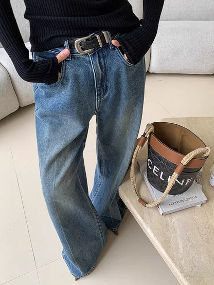 lovwvol Women's Retro High Waisted Loose Micro Flared Pants Casual Jeans Vintage American Street Female Straight Denim Trousers