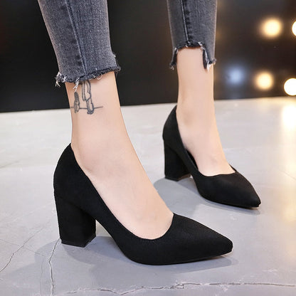 New Women Pumps Flock Sweet Thick High Heels Female Sexy Office Pointed Toe Dress Work Pump Cute Shoes Ladies Footwear