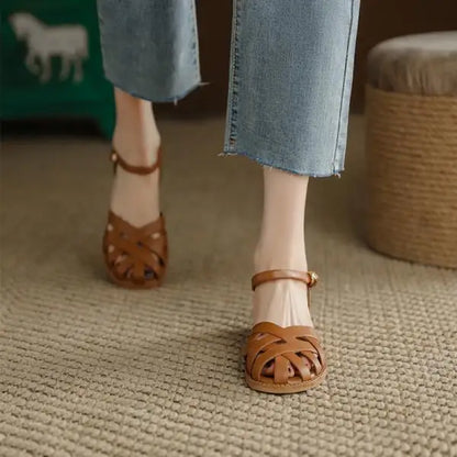 Sandals Retro Woman Shoes Block Heels Suit Female Beige Breathable New Original Chunky Summer Black Girls Low Closed Gladia