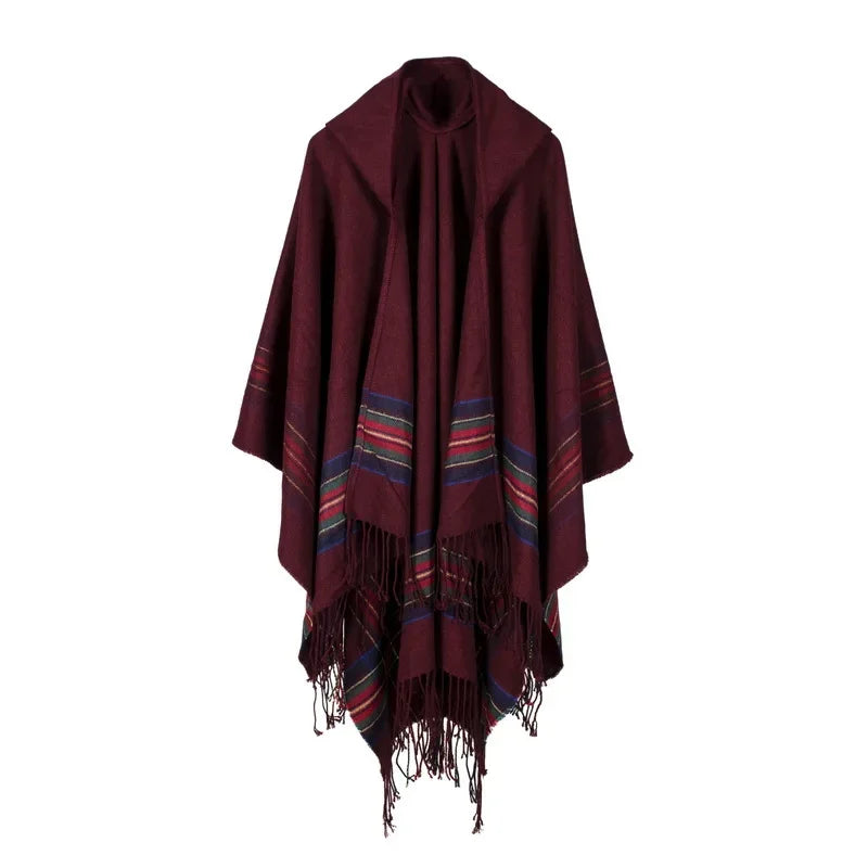 lovwvol Fringed Stripe Jacquard Knit hooded cloak Women Shawl Cape Cardigan Winter Warm Vintage Scarves Ponchos Scarf Outwear