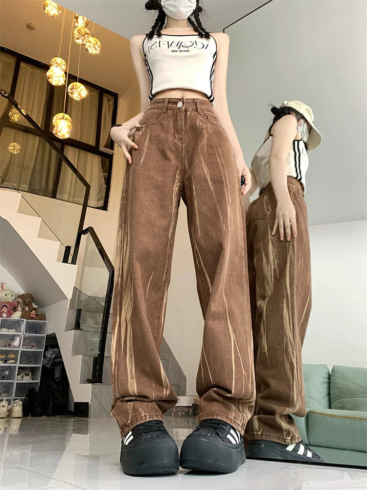 lovwvol Women's Vertical Tie Dyed Brown Thin Jeans Young Girl Summer New Bottoms Casual Trousers Female Straight Narrow Cut Pants