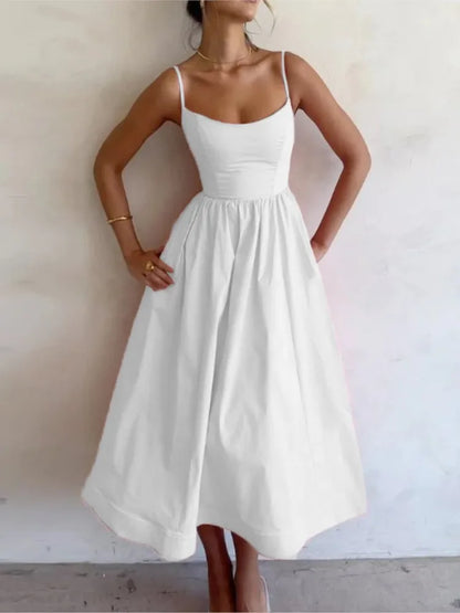 Sexy Solid Spaghetti Strap A-line Maxi Dresses Women Low Cut Sleeveless Big Skirt Dress Summer New Fashion Elegant Party