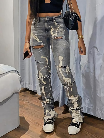 Fashion Cotton Hole Jeans Women Y2K Stacked Pants Casual Chic Print Ripped Denim Skinny Trousers Gray Elastic Slim Jeans