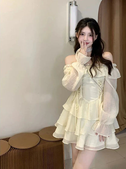 Long Sleeve Elegant Mini Dress Lolita Pure Color Short Party Dress Woman Casual 2023 Spring Sweet One Piece Dress Korean Fashion