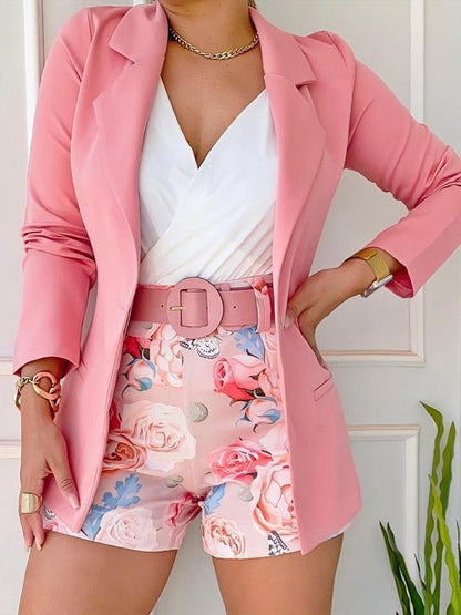 Floral Print Long Sleeve Blazer And Shorts Set