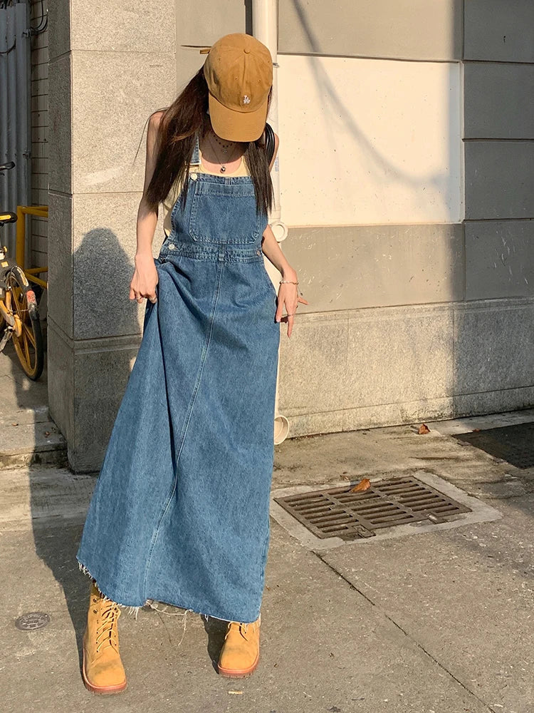 lovwvol SML Women Loose Ladies Vintage Long Denim Dress Female Tassel Spaghetti Strap Jeans Denim Dresses Female (78913