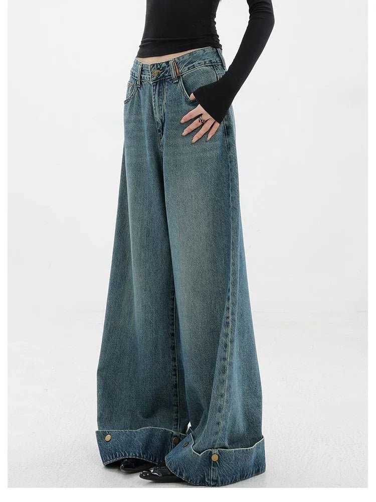 lovwvol Women's Flanged Wide Leg Straight Jeans Cool Girl Vintage Street Style Fashion Pants Female High Waist Loose Denim Trousers