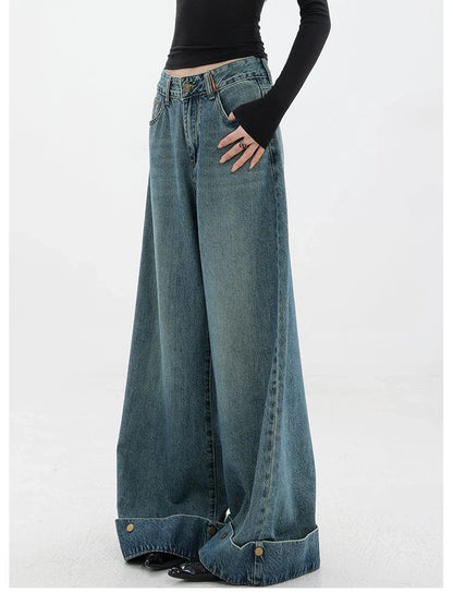 lovwvol Women's Flanged Wide Leg Straight Jeans Cool Girl Vintage Street Style Fashion Pants Female High Waist Loose Denim Trousers