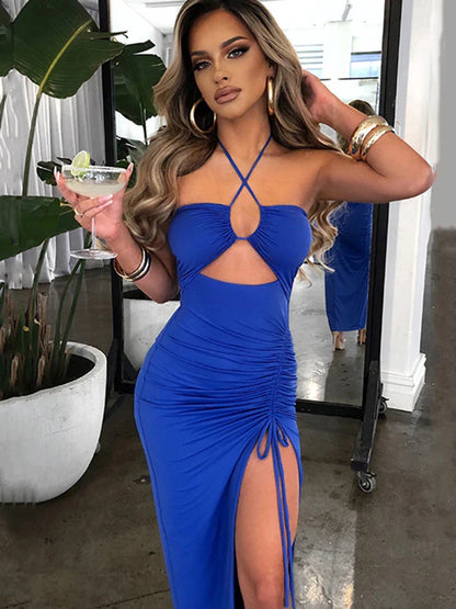 Hot Summer Sexy Halter Backless Sleeveless Cut Out Maxi Dress for Women Elegant Club Party Slit Dresses Vestido