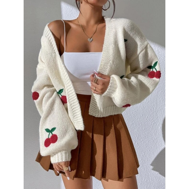 lovwvol lovwvol Spring  Autumn Jacquard Sweater 2023 New Outerwear Loose Casual Knitted Cardigan Cherry Pattern Cute Short Knitted Jacket