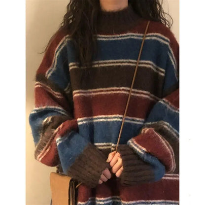 Y2k Aesthetic Sweaters O Neck Harajuku Pullover Womens Japanese Striped Jumpers Knitwear Autumn Grunge Contrast Color Pullovers