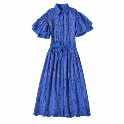 Bohemian Design Summer Women's Dress Elegant Solid Color Hollow Out Maxi Midi Party Dresses Retro Women Robe Femme