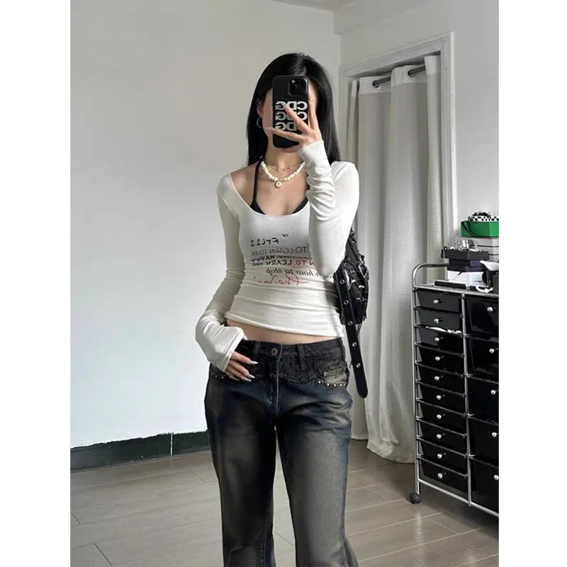 lovwvol Y2k Aesthetic Crop T-shirts Women Vintage Letter Print Korean Streetwear Harajuku Grunge T-shirts Sexy See Through Tops