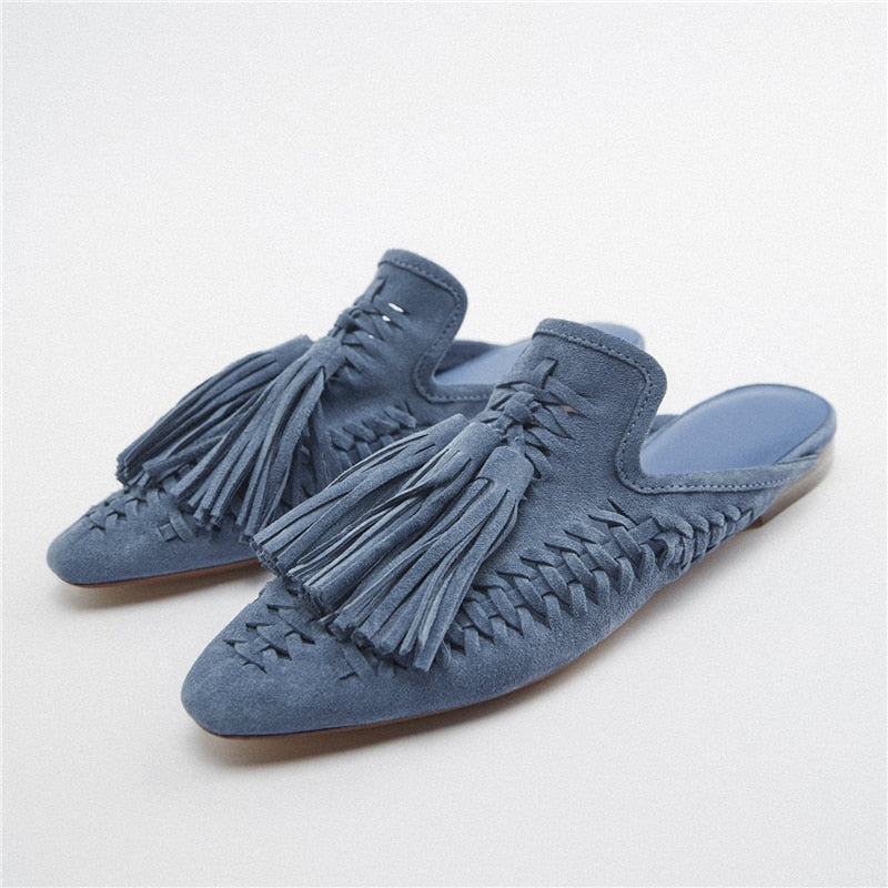 New Genuine Suede leather Oxfords Women Fringe Tassel Slides Mules Streetwear Flat Heel Cut Out Shoes Slippers Plus Size