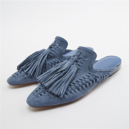 New Genuine Suede leather Oxfords Women Fringe Tassel Slides Mules Streetwear Flat Heel Cut Out Shoes Slippers Plus Size