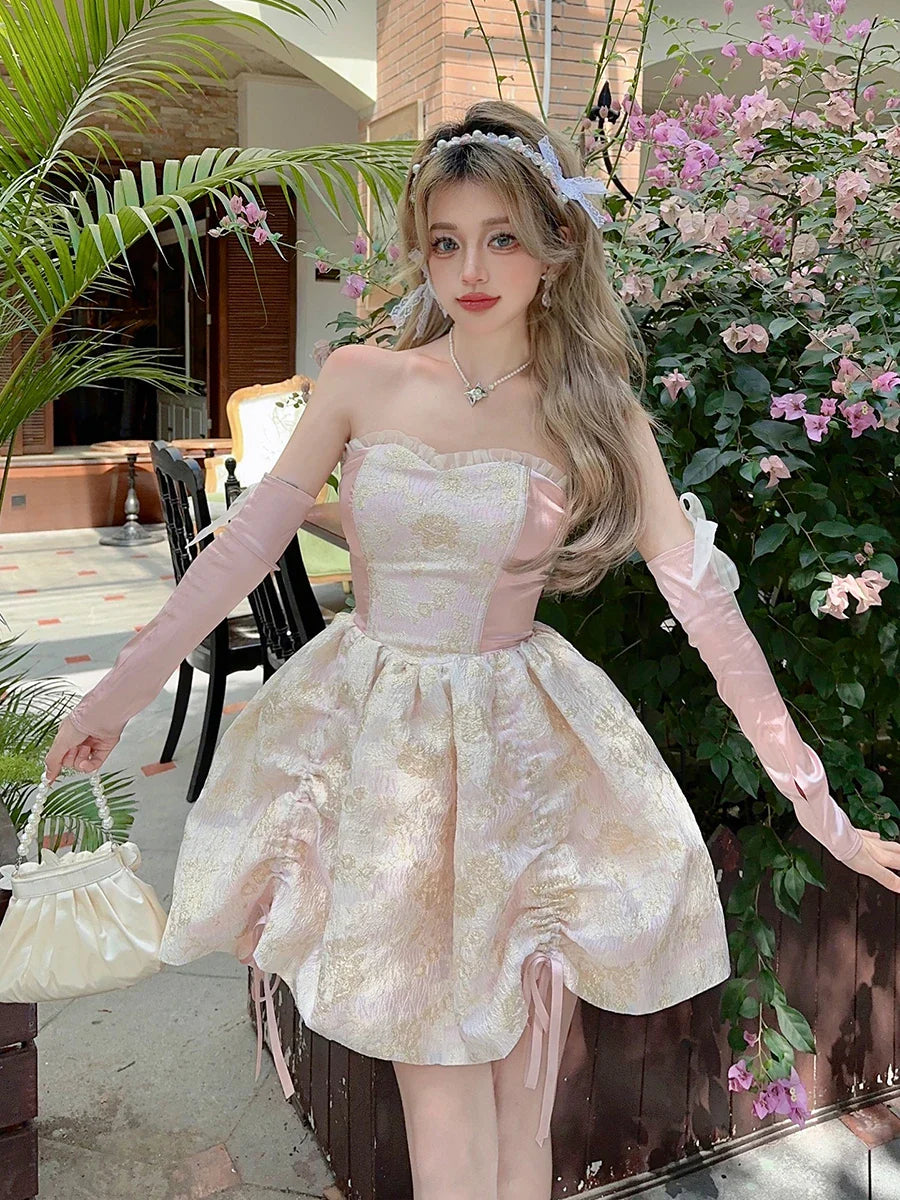 lovwvol Romantic Floral Jacquard Satin Mini Dress Women Medieval Retro Ribbon Arm Sleeves Lace Up Corset Princess Puffy Dress