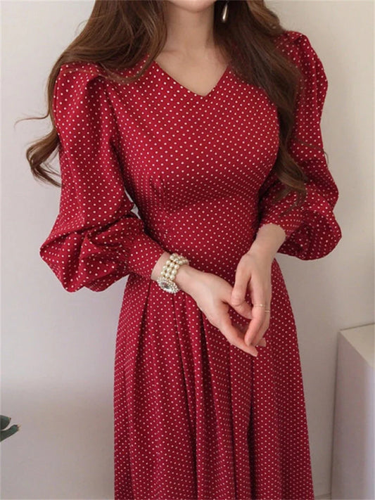 Spring Women Fashion French Vintage Maxi Dress One Piece Ladies Dot Print Vestdios Femme Porm Dress