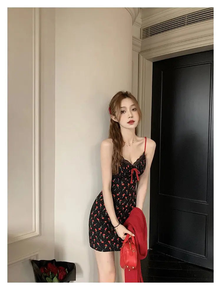 Sweet 2 Piece Dress Set Woman Red Long Sleeve Cardigan + Strap Floral Y2k Mini Dress Party Korean Fashion Suit Spring