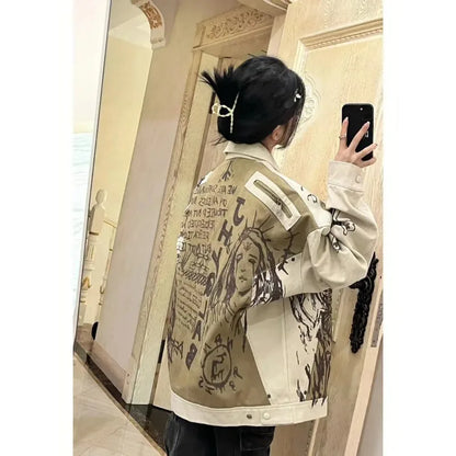 lovwvol  -  Autumn Retro Graffiti Printed Jacket For Men And Women Oversized Casual Couple Jacket Versatile jaqueta aviador feminina